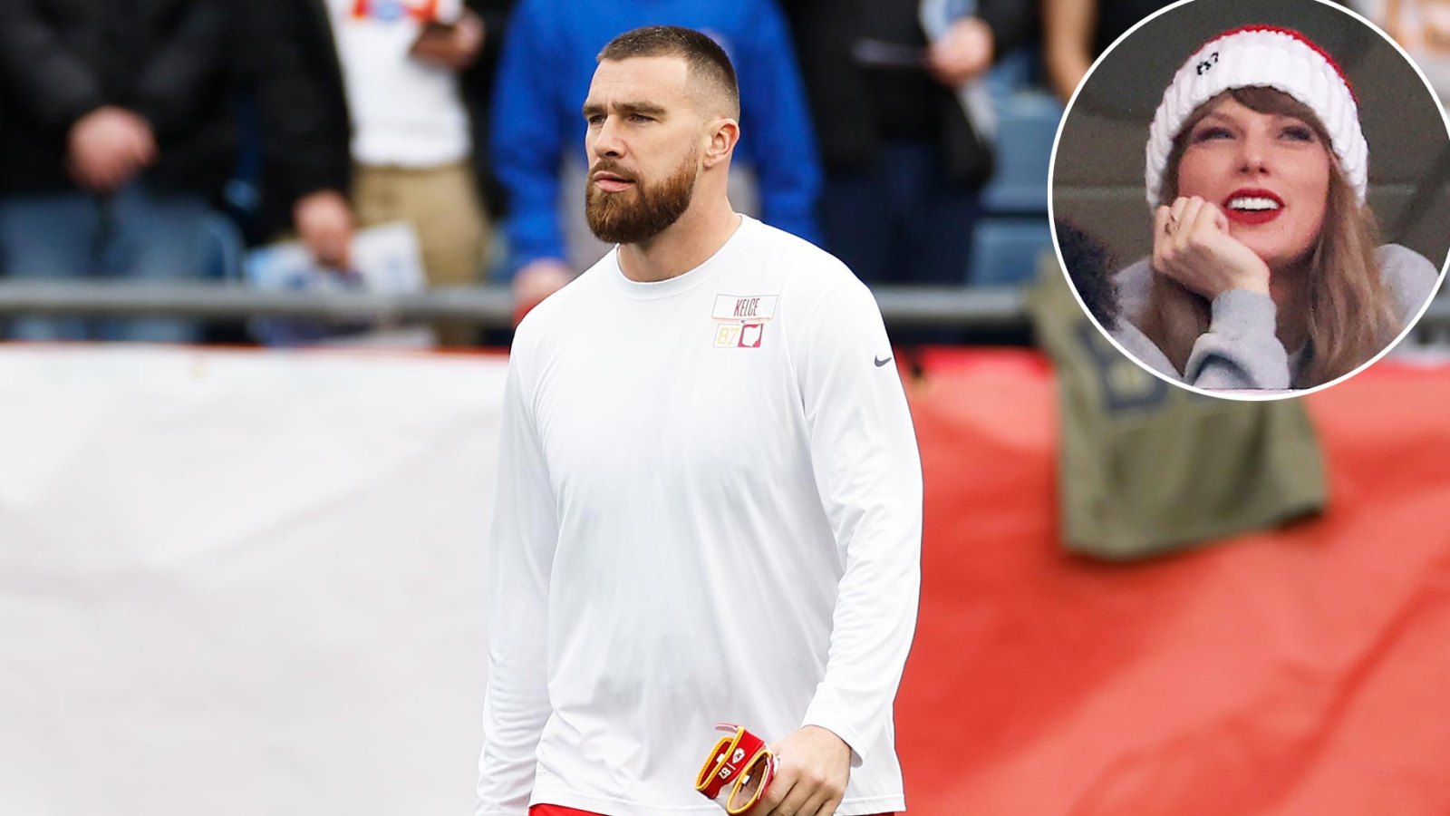 Travis Kelce Gazes at Poster of Taylor Swift at Gillette Stadium Ahead of Chiefs Game
