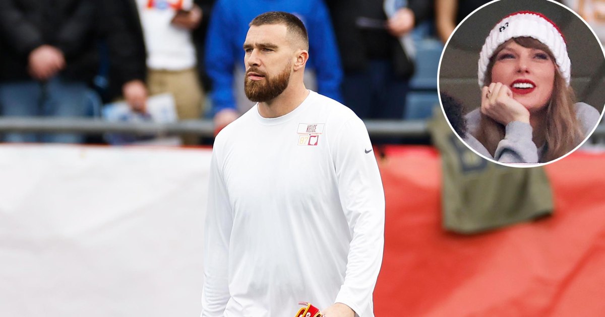 Travis Kelce Gazes at Taylor Swift Poster Ahead of Chiefs