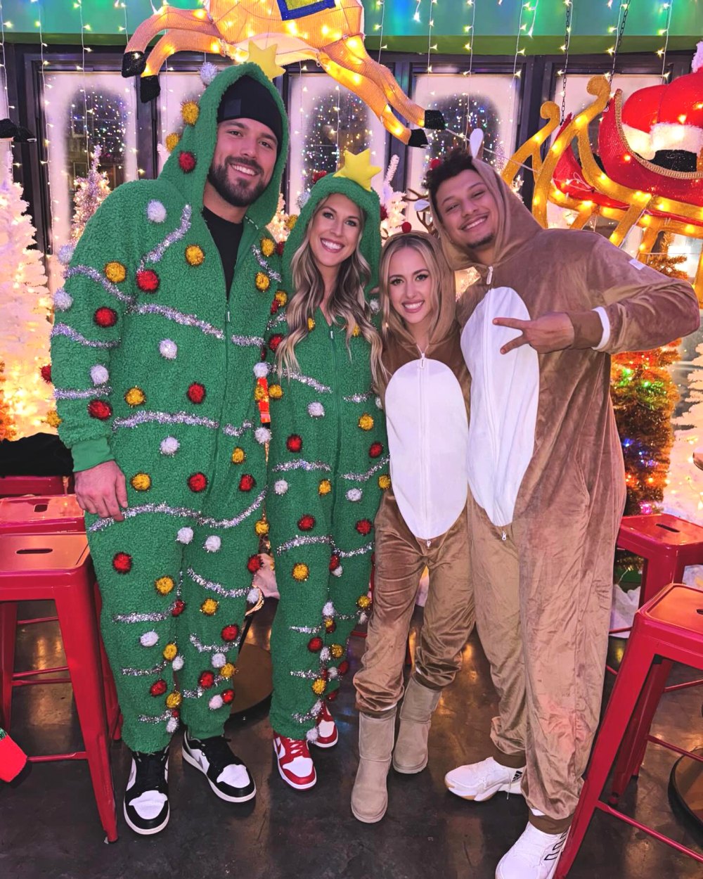 Patrick Mahomes and Wife Brittany Twin in Reindeer Onesies at 'Jolly' Holiday Bash