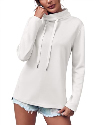 Aurgelmir Women's Casual Mock Neck Sweatshirts Drawstring Long Sleeve Loose Fit Lightweight Tunic Tops White