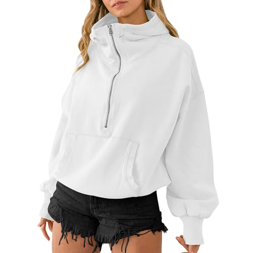TBA High Neck Hoodies for Women Oversized Half Zip Drawstring Y2K Pullover Sweater Casual Long Sleeve Sweatshirt with Pockets White
