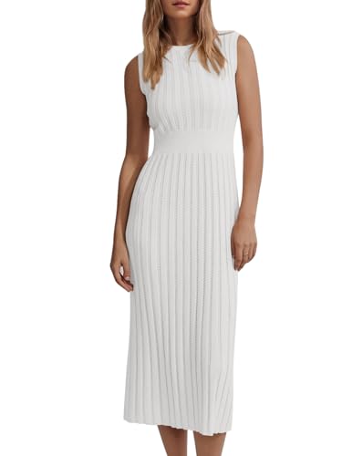 Danedvi Women's Knit Midi Tank Dress 2023 Fall Sleeveless Ribbed Crew Neck Bodycon Casual Basic Going Out Dresses White