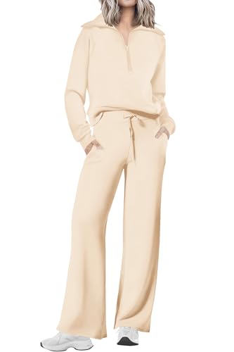 PRETTYGARDEN Women's Fall Two Piece Outfits Half Zip Sweatshirt Tops And Palazzo Pants Sweatsuit Sets (Beige,Medium)