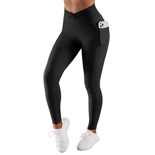 SUUKSESS Women Scrunch Butt Lifting Leggings with Pockets Twist Crossover High Waisted Yoga Pants (Black, M)