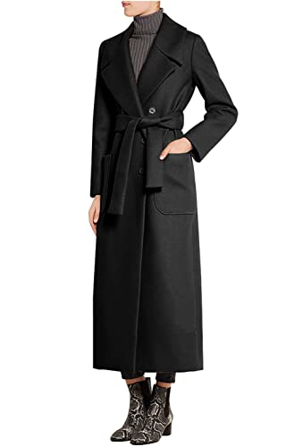CHARTOU Women's Elegant Lapel Collar Double Breasted Regular Wool Blend Overcoat Coat Belt (Large, Black)