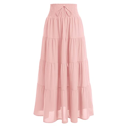 Women's Boho Elastic High Waist A Line Ruffle Swing Beach Convertible Maxi Skirt Tired Pleated Layers Front Drawstring Long Skirt Casual Flowy Midi Skirts Smocked Strapless Tube Top Dress Pink M