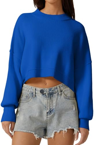 QINSEN Ribbed Cropped Sweater for Women Oversized Mock Neck Long Sleeve Casual Knit Pullover Tops Blue S