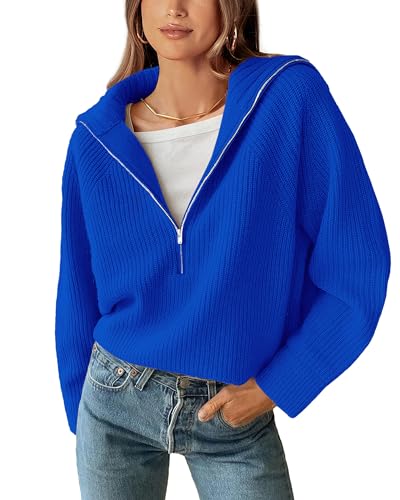 BTFBM Women's Half Zip Pullover Fall Winter Sweaters Casual Long Sleeve V Neck Loose Slouchy Ribbed Knit Jumper Tops(Solid Royal Blue, Medium)