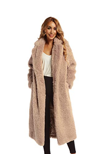 SUGAR POISON Women Faux Fur Winter Coats Comfort Warm Outerwear Open Front Long Cardigan Overcoat Jacket (Light Tan, S)