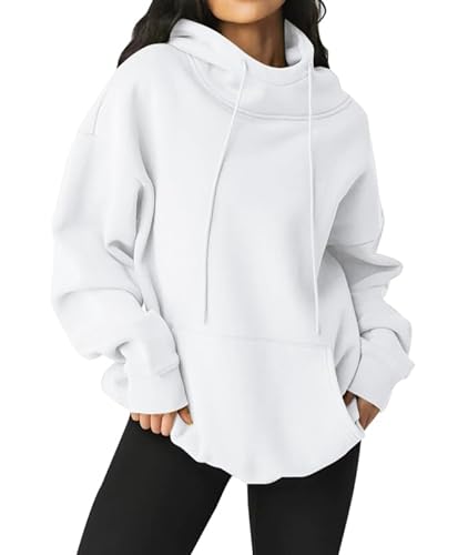 Yousify Oversized Fleece Sweatshirt with Pocket for Women Cozy Pullover White S