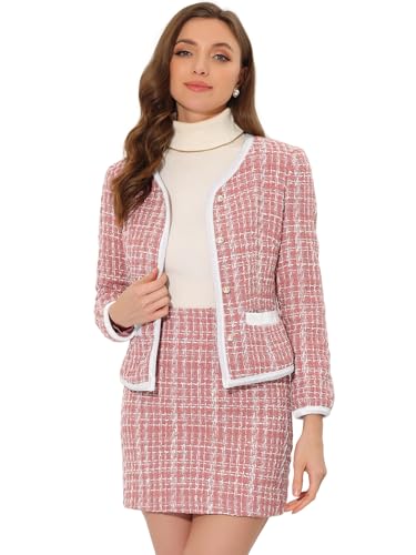 Allegra K Suit Set for Women's 2 Piece Outfits Plaid Tweed Short Blazer Jacket and Skirt Sets Pink S