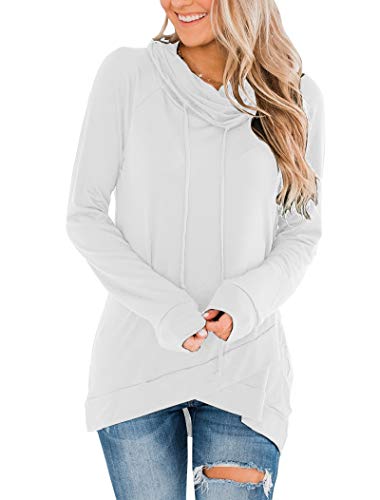 Fallorchid Womens Cowl Neck Tunic Tops Long Sleeve Pullovers Casual Drawstring Sweatshirts White
