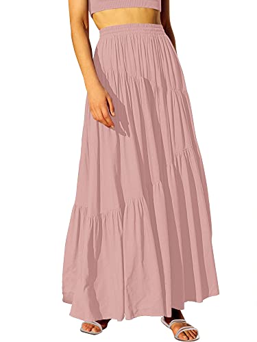 ANRABESS Women’s Boho Elastic High Waist Pleated A-Line Flowy Swing Asymmetric Tiered Maxi Long Skirt Dress with Pockets 617shenfen-S Pink