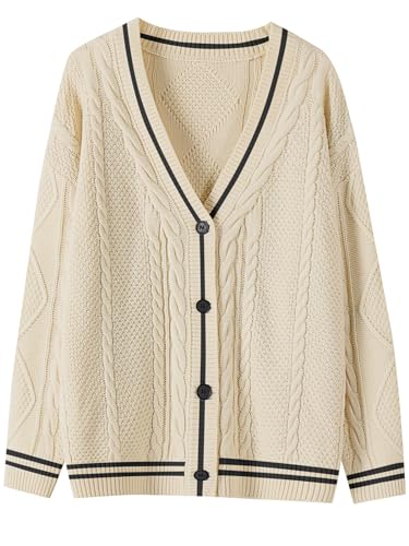 ANRABESS Women's Long Sleeve Trendy Cardigan Sweaters Fall Fashion Outfits Chunky Cable Knit Embroidery Elbow Stars Open Front Striped 2023 Winter Clothes 1267 xingheitiao-XL Apricot-Black