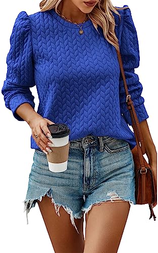 PRETTYGARDEN Puff Sleeve Sweatshirt for women Fall Fashion 2023 Trendy Cute Crewneck Quilted Pullover Winter Clothes (Bright Blue,L)