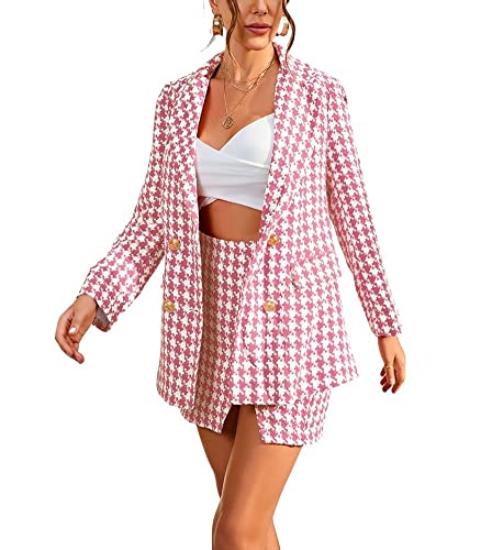 chouyatou Women's Business 2 Piece Outfits Houndstooth Tweed Blazer Jacket and Mini Skirt Set (Large, Pink)