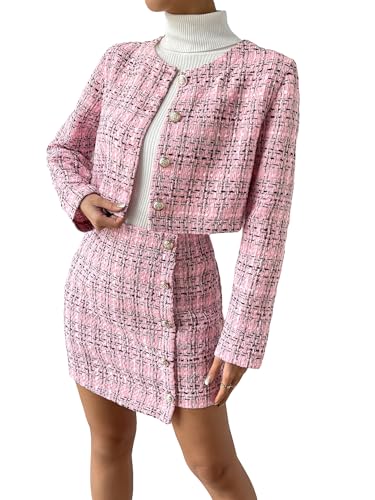 Floerns Women's 2 Piece Outfits Plaid Tweed Blazer Long Sleeve Jacket and Skirt Set Pale Pink S