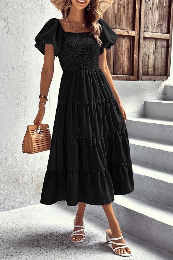 black puff-sleeve dress