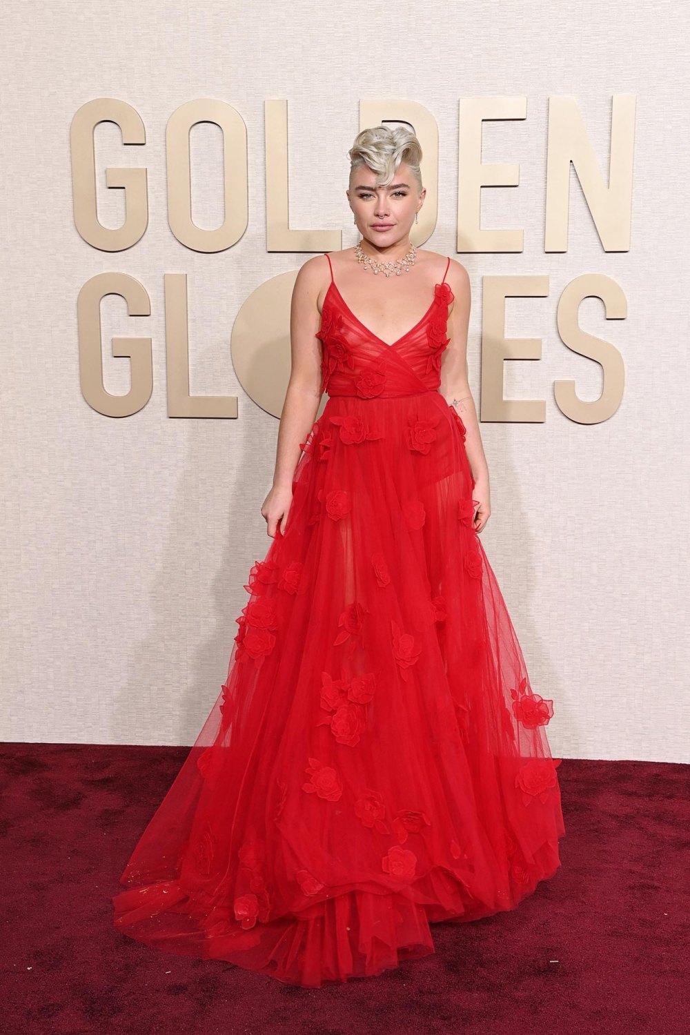 Florence Pugh Is Red Hot in Floral Embellished Gown at 2024 Golden Globes 864