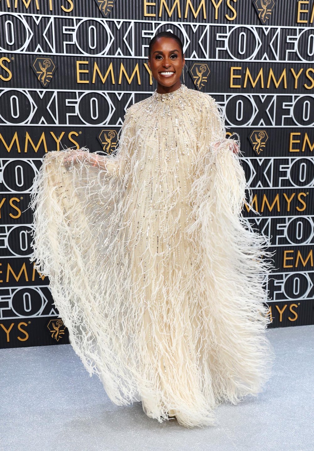 Issa Rae Spins in Beaded and Feathered Embellished Gown at the Emmys 684