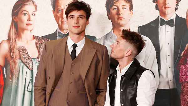 Jacob Elordi (L) and Barry Keoghan arrive for the Los Angeles premiere of "Saltburn" at The Theatre at ACE Hotel in Los Angeles, California, on November 14, 2023. (Photo by Michael Tran / AFP) (Photo by MICHAEL TRAN/AFP via Getty Images)