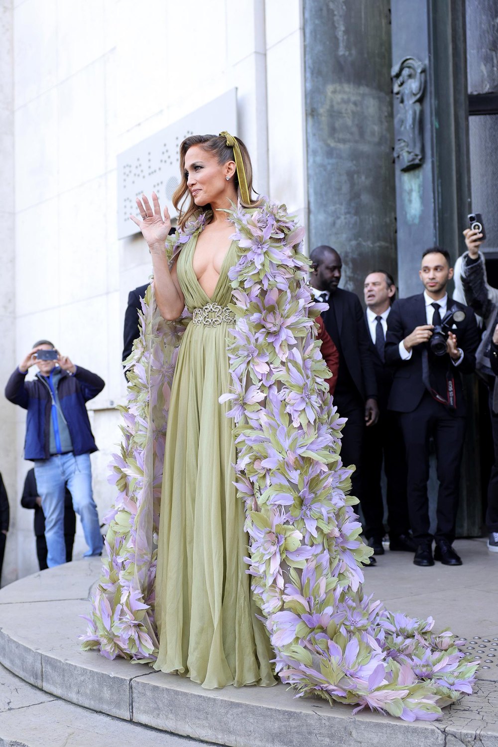 Jennifer Lopez Drapes Herself in a Cascading Floral Cape at Elie Saab Show During Paris Fashion Week