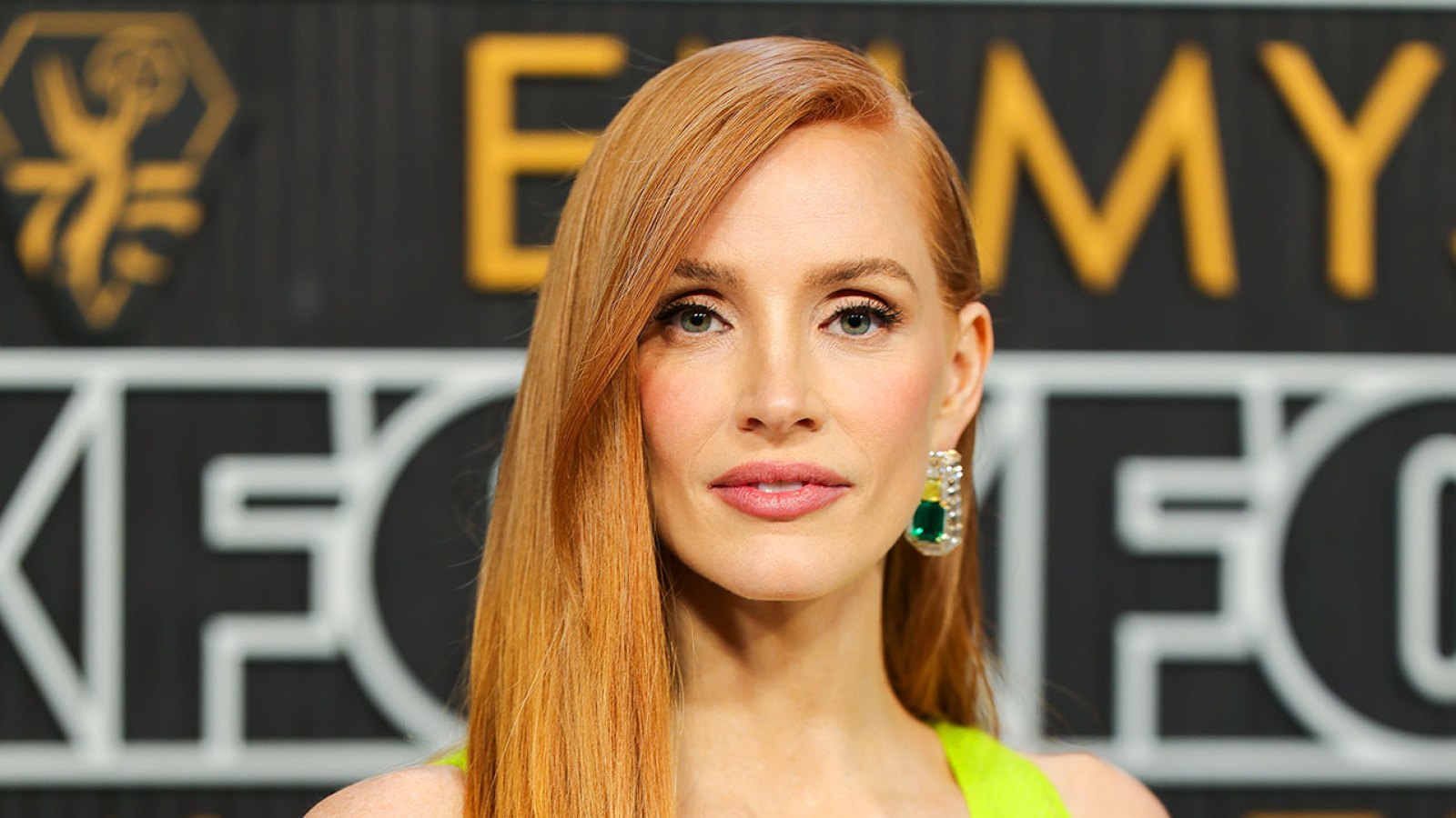 Jessica Chastain Is Lovely in Lime Green Gown 2023 Emmys Red Carpet