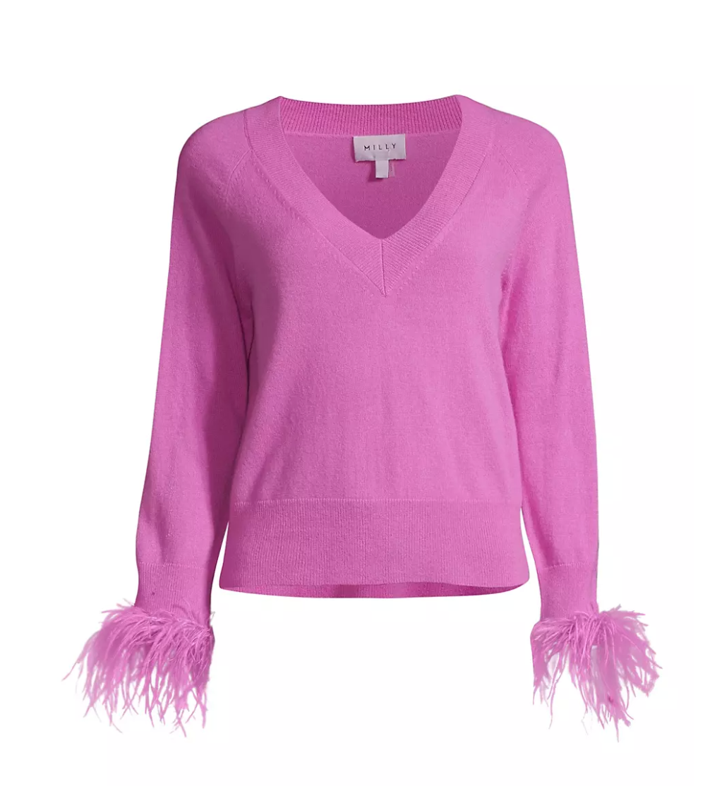 Milly V-Neck Feather-Cuff Sweater saks fifth avenue designer sale