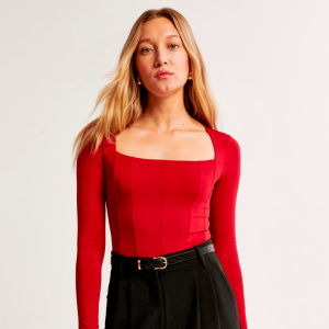 Abercrombie & Fitch Long-Sleeve Cotton-Modal Squareneck Corset Bodysuit