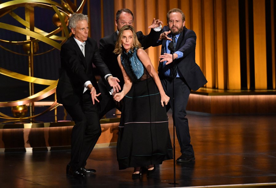 (From L) US actor Greg Germann, US actress Calista Flockhart, Canadian actor Gil Bellows and US actor Peter MacNicol perform a sketch onstage during the 75th Emmy Awards at the Peacock Theatre at L.A. Live in Los Angeles on January 15, 2024. (Photo by Valerie Macon / AFP) (Photo by VALERIE MACON/AFP via Getty Images)