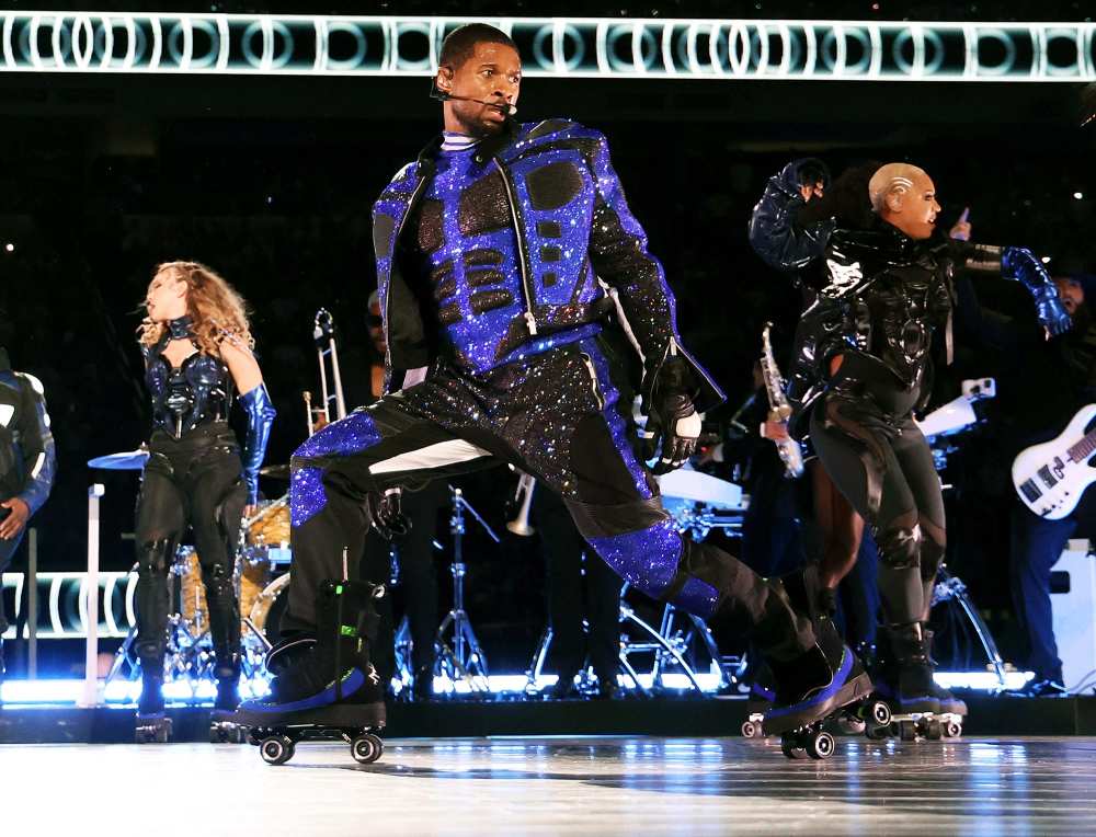 Usher Works With Off White to Design Bedazzled Blue and Black Roller Skating Look at the Super Bowl