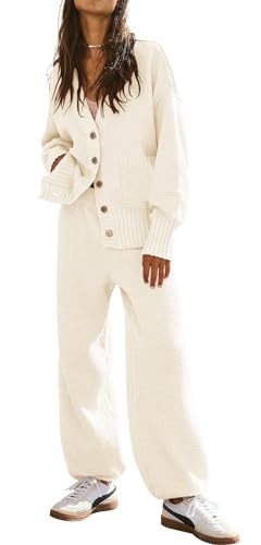 ETCYY NEW Women's 2 Piece Outfit Lounge Set Trendy Cardigan Sweater Pants Sets V Neck Button Pocket Knit Matching Loungewear (Light Beige, L)