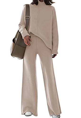 AOHITE Women's Knit Sweatsuit Turtleneck Sweater Top Wide Leg Pants 2 Piece Outfits Apricot Medium