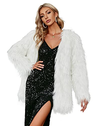 Simplee Apparel Women's Long Sleeve Fluffy Faux Fur Warm Coat,White,Size : Asian S,US 0-2
