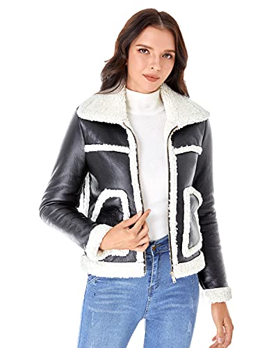 DIASHINY Women's Faux Shearing Fur Winter Coat Warm Thick Fur Lined Faux Leather Jacket (038 Black-White,S)