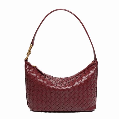 RISEWRD Woven Bag for Women, Vegan Leather Tote Bag Summer Beach Retro Purse and Handbag Underarm Bag Handmade Shoulder Bag (wine red)