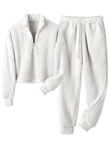 TAQCUX Womens Winter Pajamas Sets Soft Comfy Fleece Pullover Sherpa Pants Fuzzy 2 Piece Pjs Set Cute Warm Loungewear(Ivory-L)