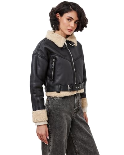 LY VAREY LIN Winter Women Faux Lamb Fur Leather Cropped Lambswool Biker Jacket Lapel Zipper Bomber Aviator Coat
