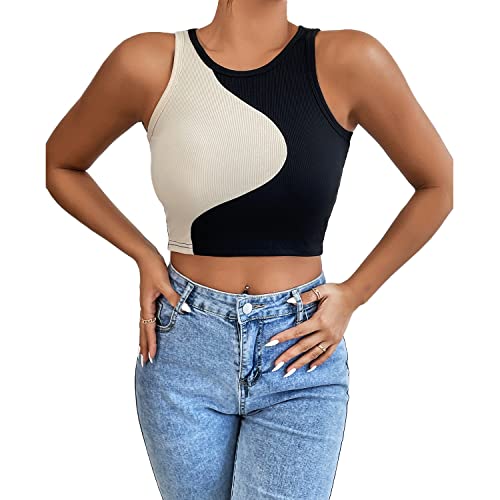 BROVAVE Women Casual Basic Sleeveless Crew Neck Color Block Rib-Knit Crop Tank Tops