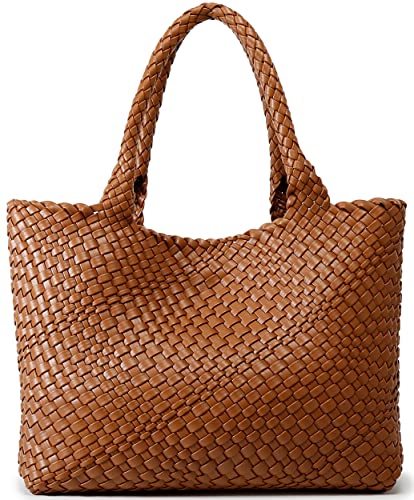 Woven Bag for Women, Fashion Top Handle Shoulder Bag Vegan Leather Shopper Bag Large Travel Tote Bag (Brown)