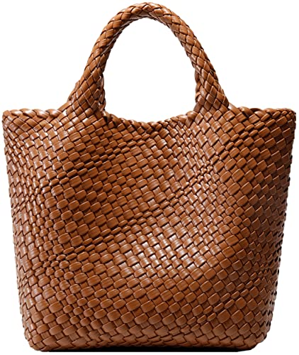 Woven Bag for Women, Vegan Leather Tote Bag Large Summer Beach Travel Handbag and Purse Retro Handmade Shoulder Bag (Brown)