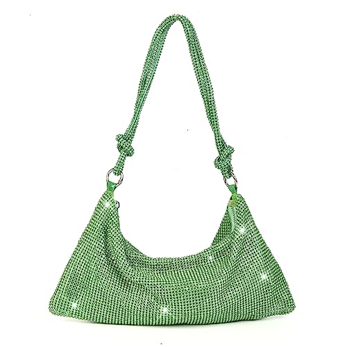Valleycomfy Chic Rhinestone Purses for Women Sparkly Evening Handbag Bling Hobo Bag Shiny Silver Clutch Purse for Party Club Wedding Green
