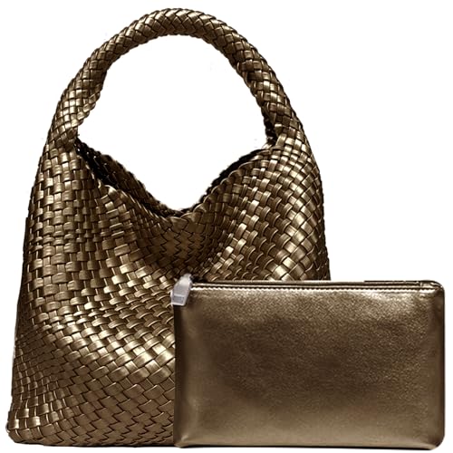 Women Vegan Leather Hand-Woven Tote Handbag Fashion Shoulder Top-handle Bag All-Match Underarm Bag with Purse (Bronze)