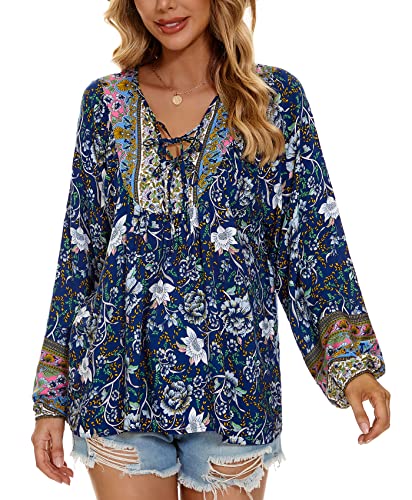 Vogebund Womens Casual Peasant Tops Floral Print Bohemian Beach Shirt Flowy V-Neck Long Sleeve Loose Boho Blouses Blue