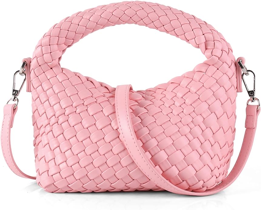 pink woven handbag