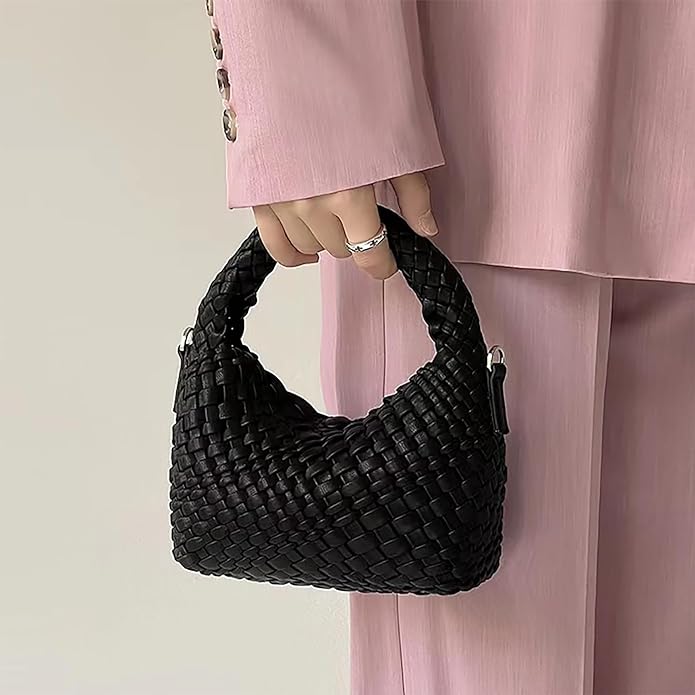 black woven handbag
