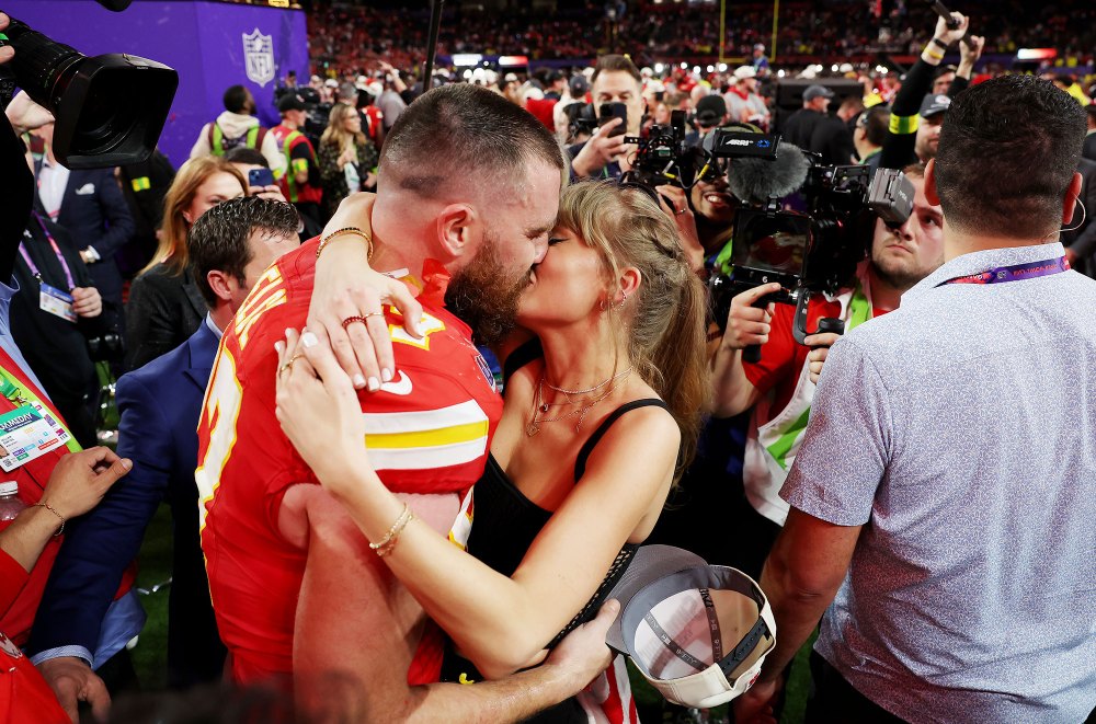 Feature Travis Kelce Celebrates Super Bowl LVIII Win by Kissing Taylor Swift