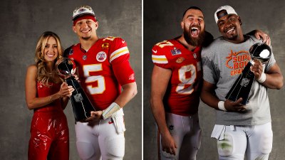 Les joueurs des Chiefs de Kansas City embrassent le trophée Vince Lombardi dans les portraits des gagnants du Super Bowl LVIII