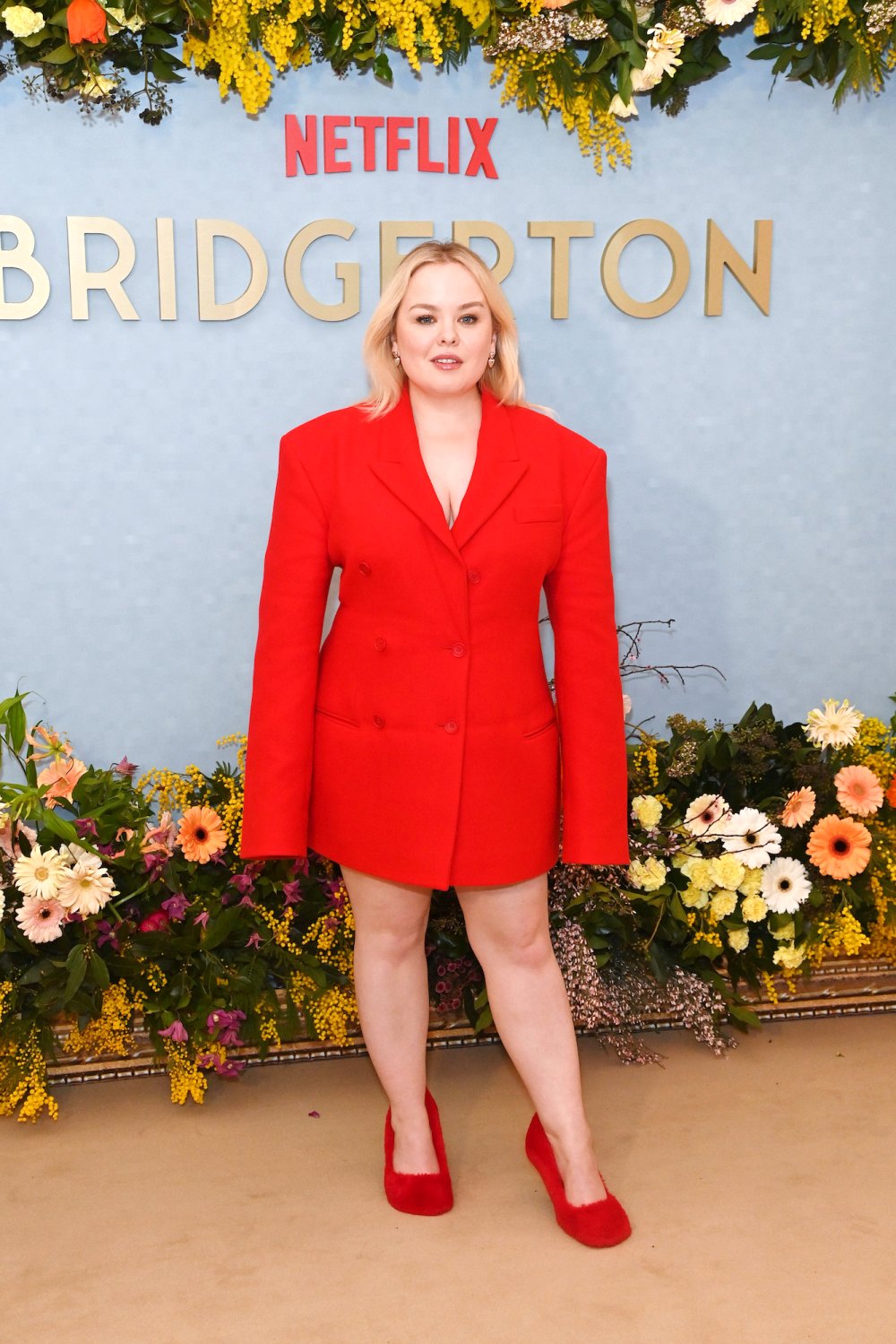 Nicola Coughlan Is Red Hot in Fiery Blazer Dress and Fluffy Heels at Bridgeton Event