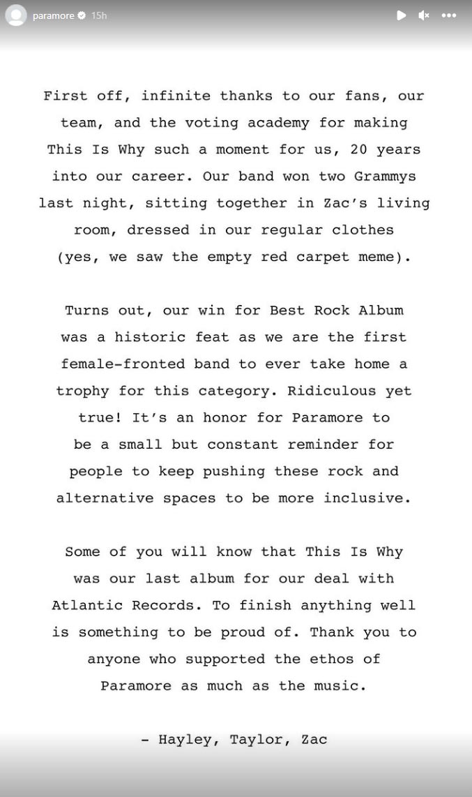 Paramore Calls for More Inclusion in Rock and Alternative Spaces After Historic Grammy Win